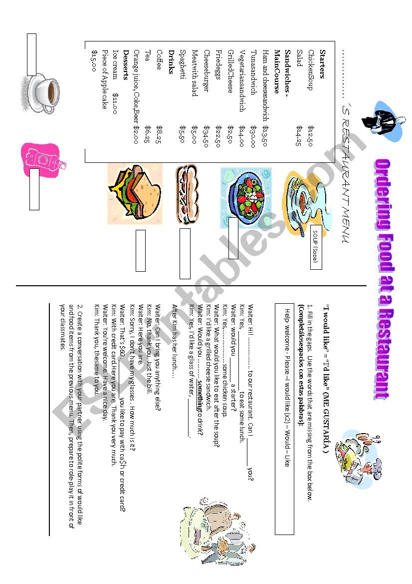 Ordering Food At A Restaurant Would You Like Ideal For Spanish Speakers Esl Worksheet By Joha14