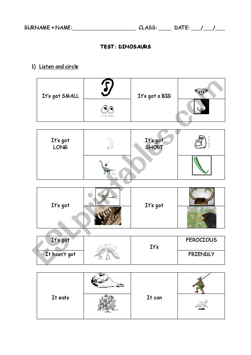 Dinosaurs - test worksheet