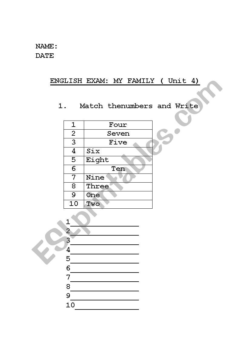 my family exam  worksheet