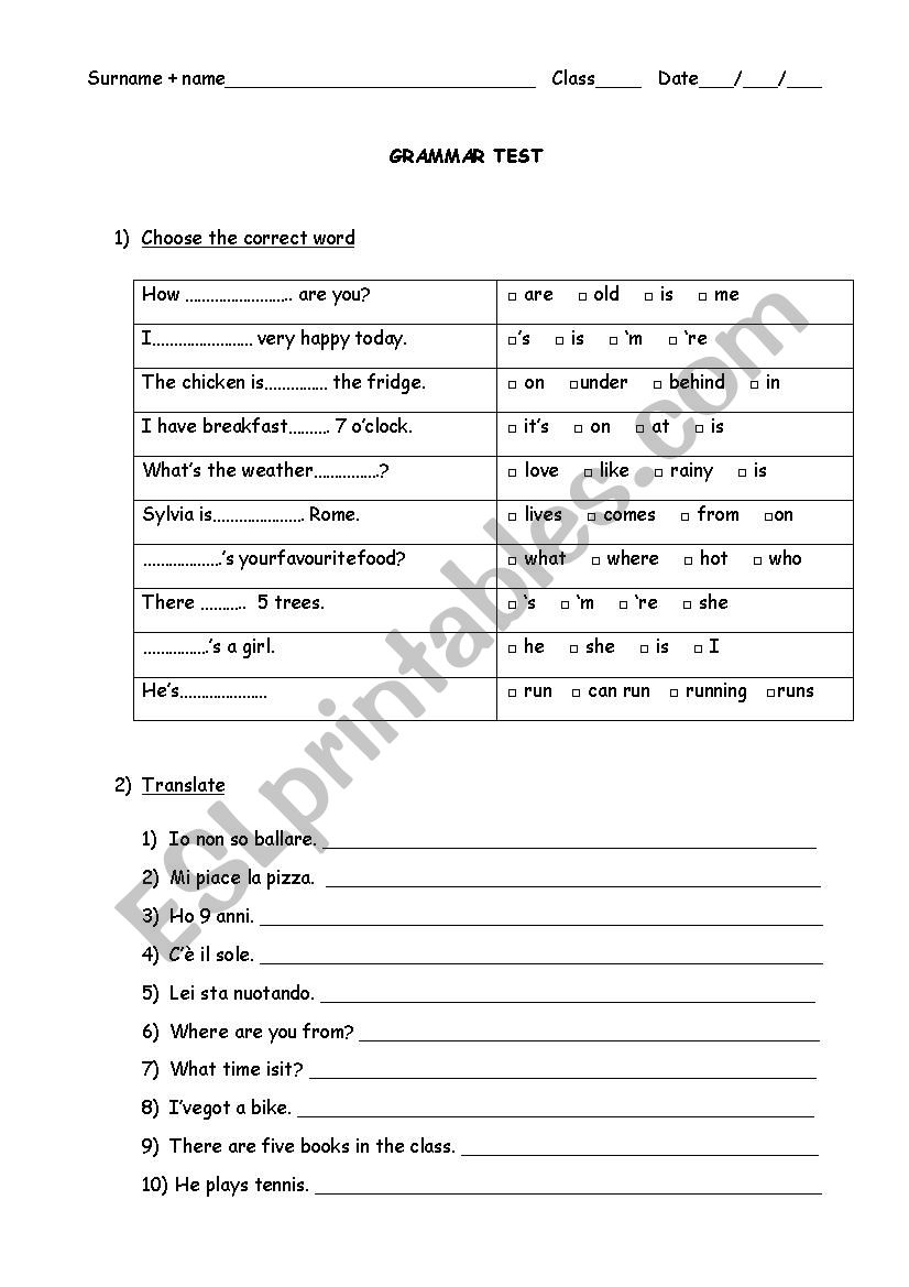 Grammar test worksheet