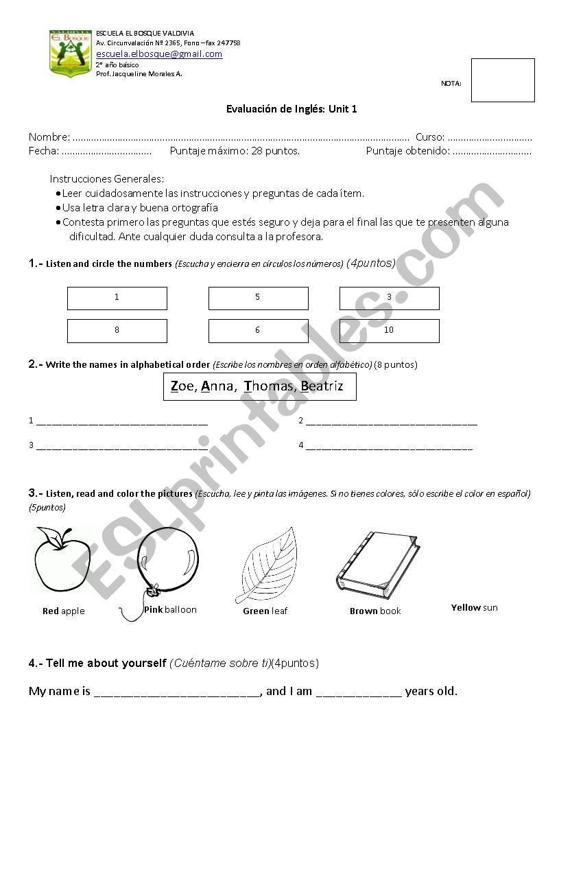 Second grade test ESL worksheet