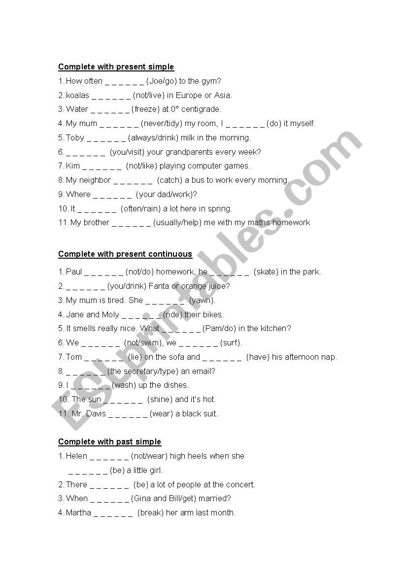 Different verbal tenses worksheet