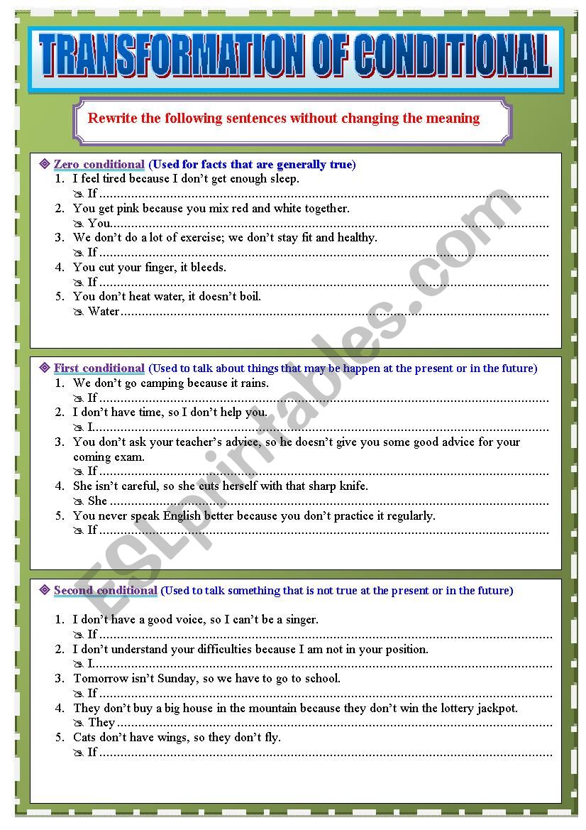 Mixed Conditionals: Zero, First, Second and Third (Transformation)