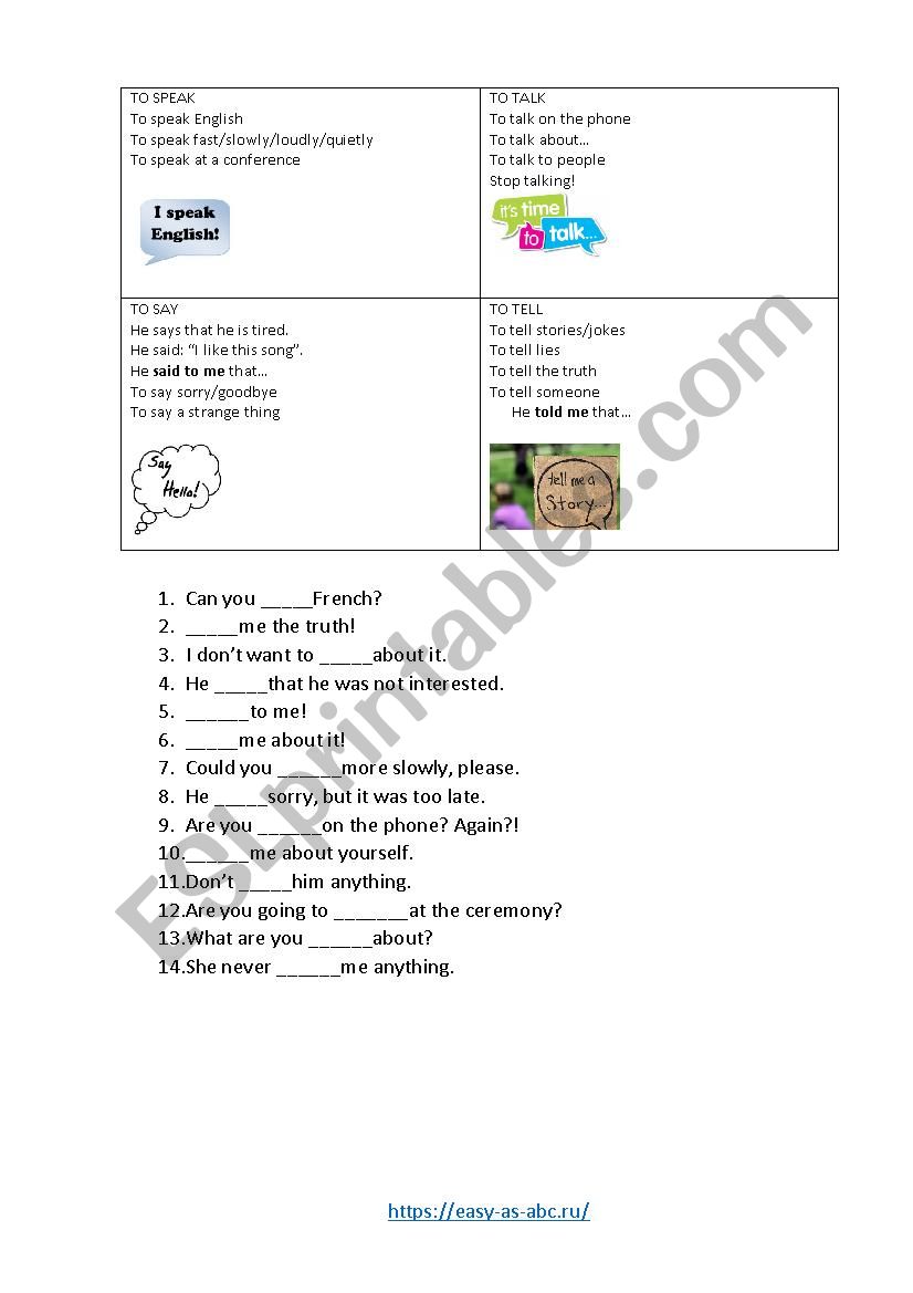 Speak-Talk-Tell-Say worksheet