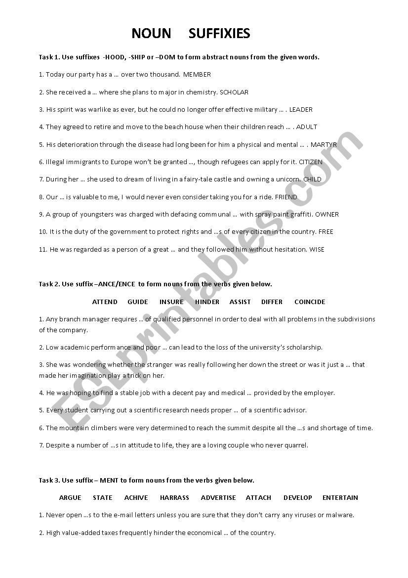 Noun suffixies worksheet