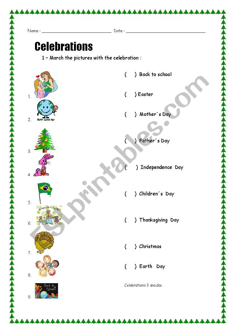 Celebrations worksheet