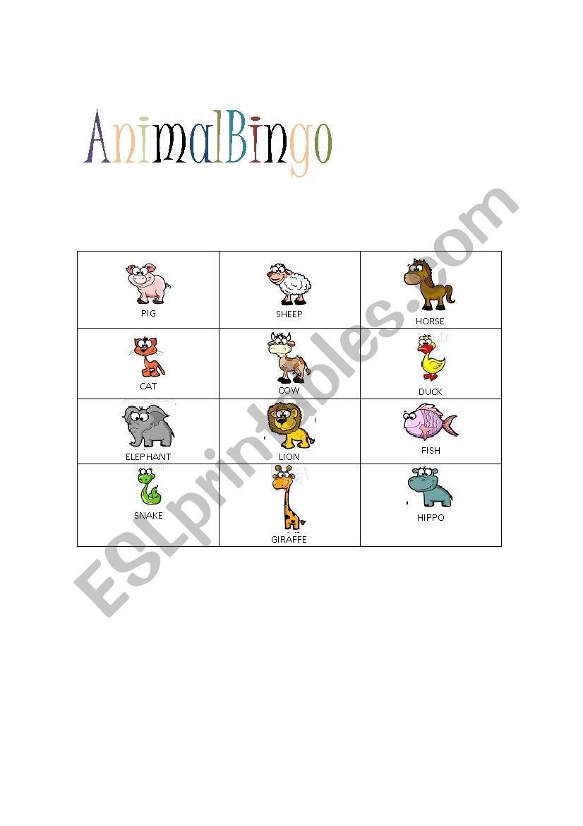 ANIMAL BINGO worksheet