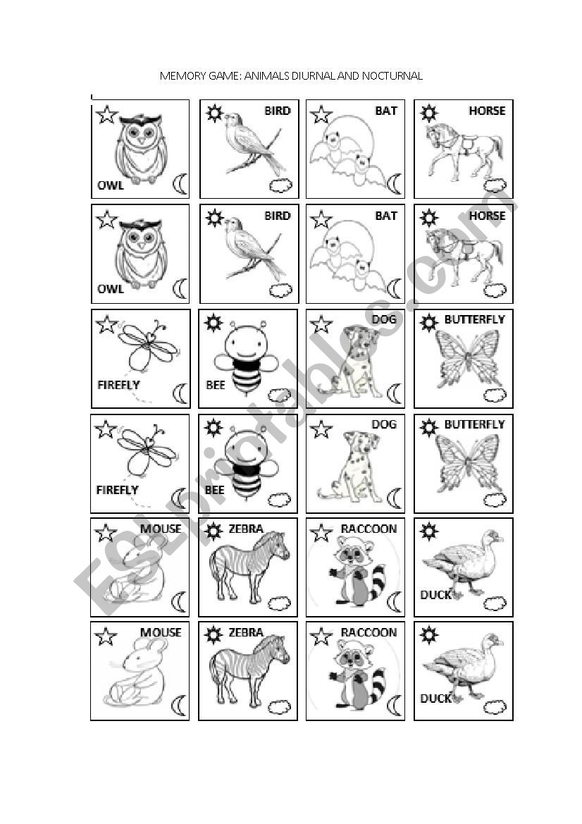 Animals memory game worksheet