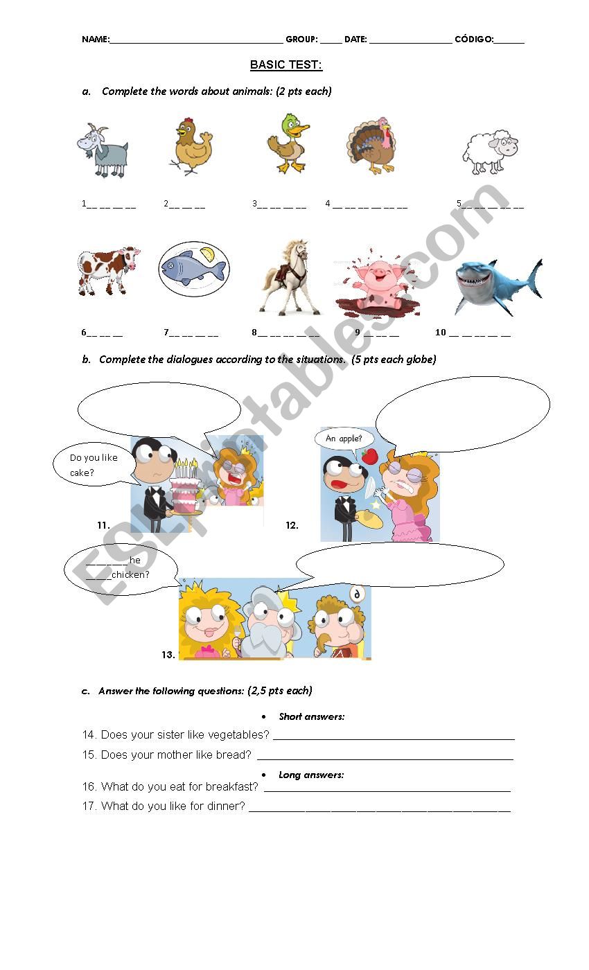 Animals and food TEST worksheet