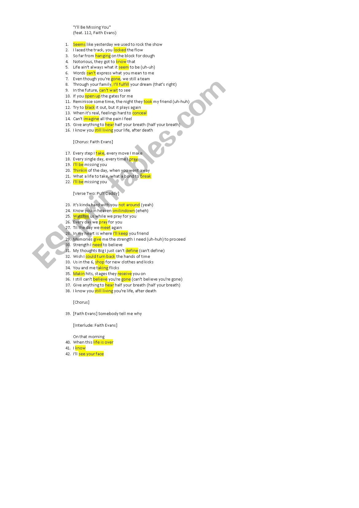 Ill be missing you - Puff Daddy - Lyrics + Worksheet