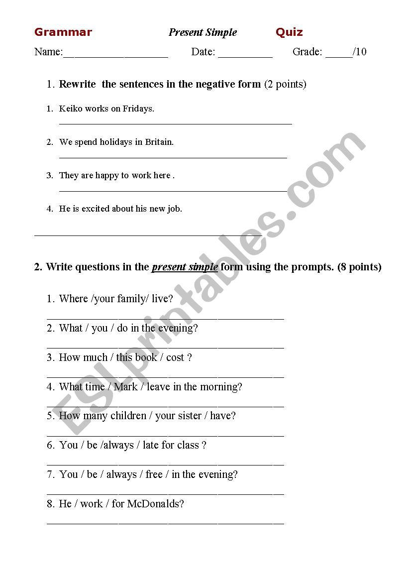 Present Simple Quiz worksheet