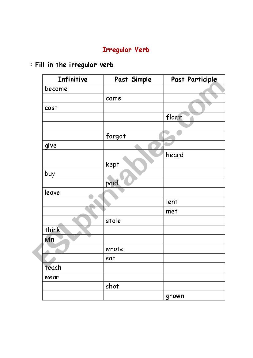 Irregular Verb worksheet