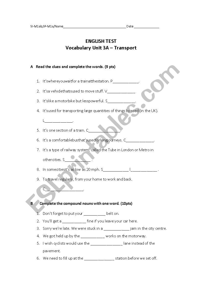 Vocabulary test - transport worksheet