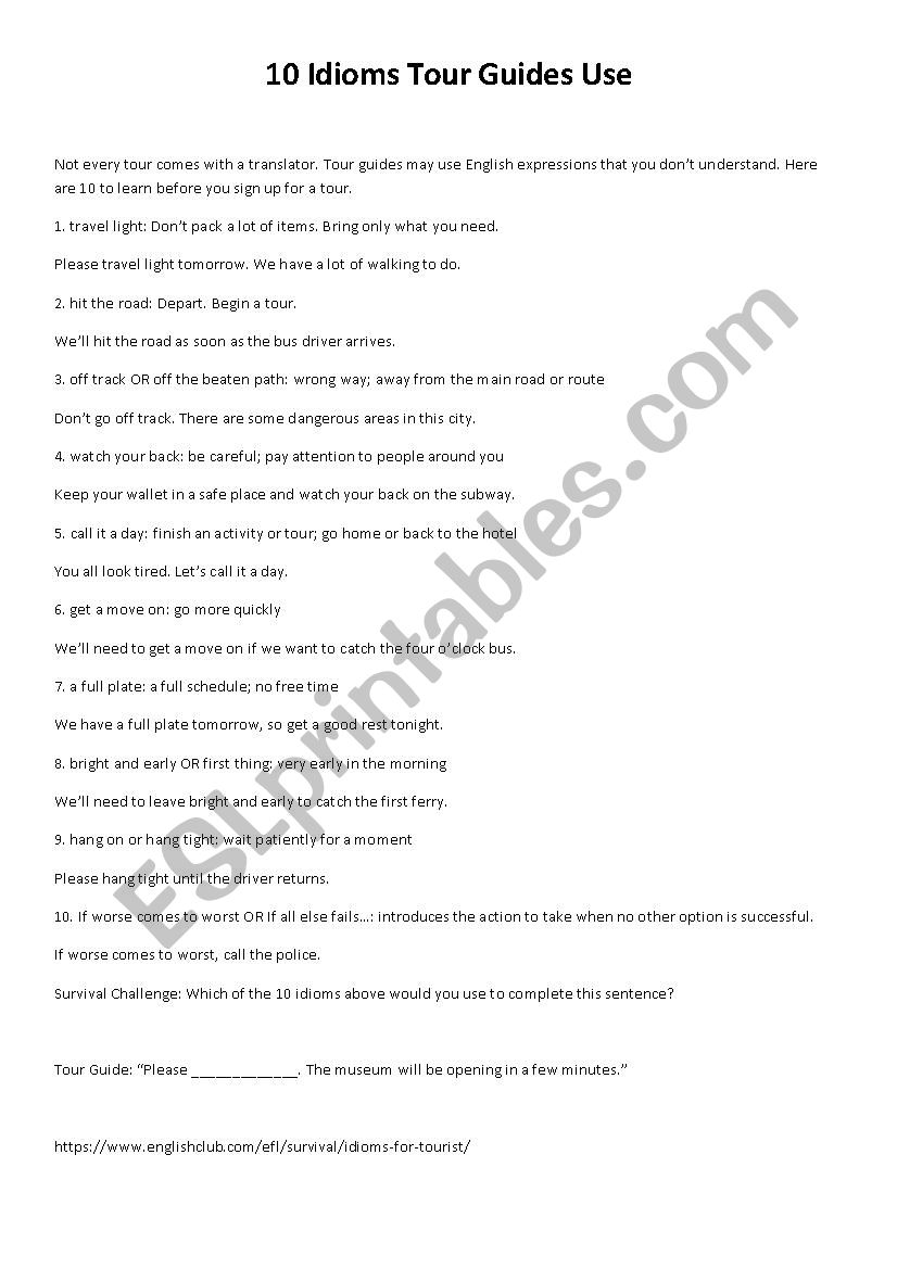 idioms tour guides use worksheet
