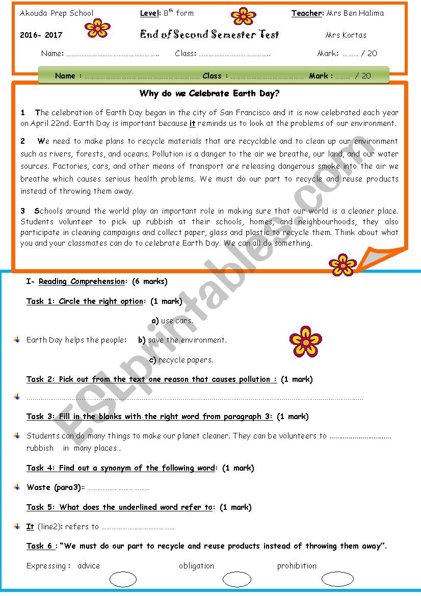 End Semester 2 Test for 8 th Forms