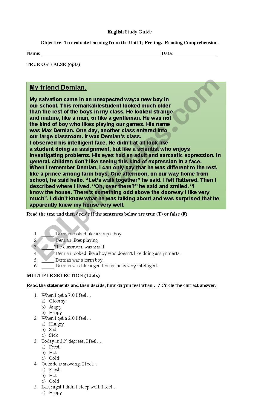 Feelings and emotions worksheet