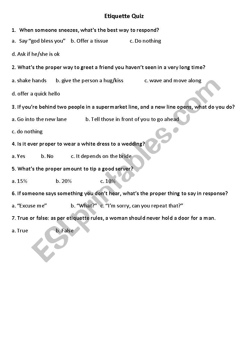 Reading worksheet - British Etiquette