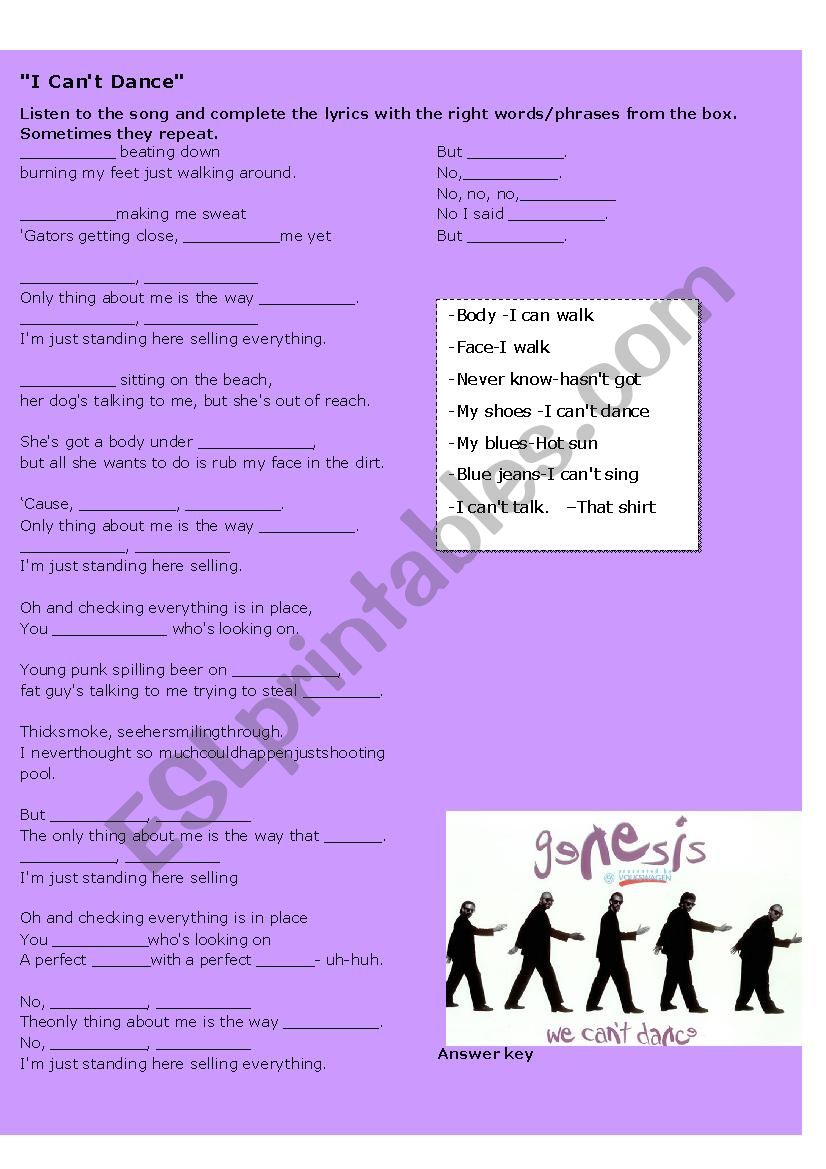 I Cant Dance song activity worksheet