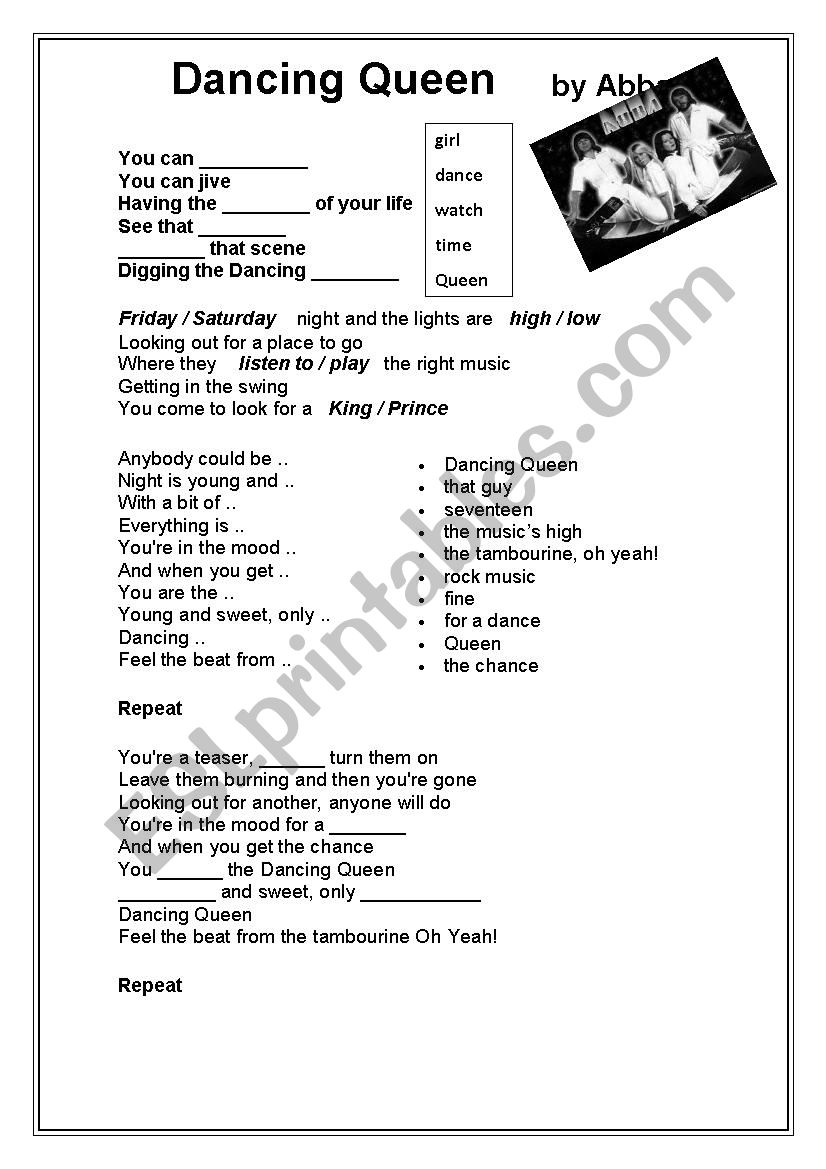 SONG: DANCING QUEEN - ESL worksheet by yaluf