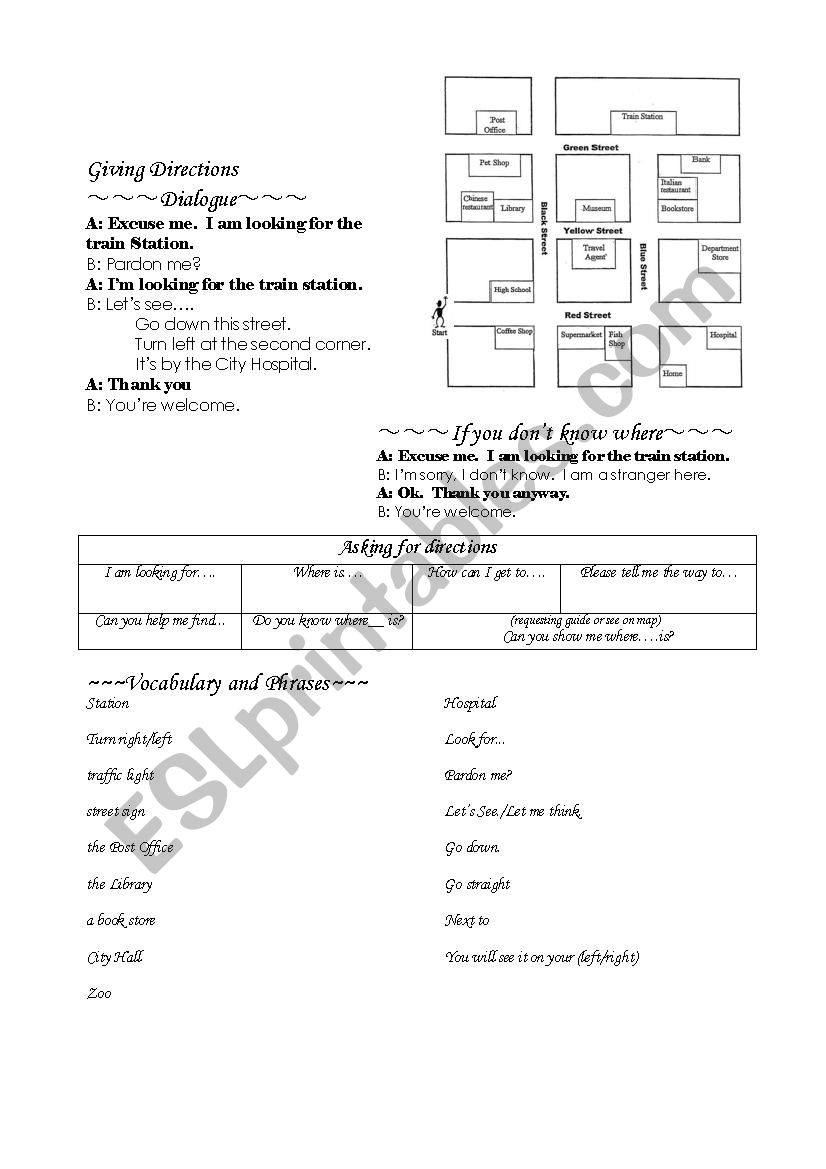 Directions with map worksheet