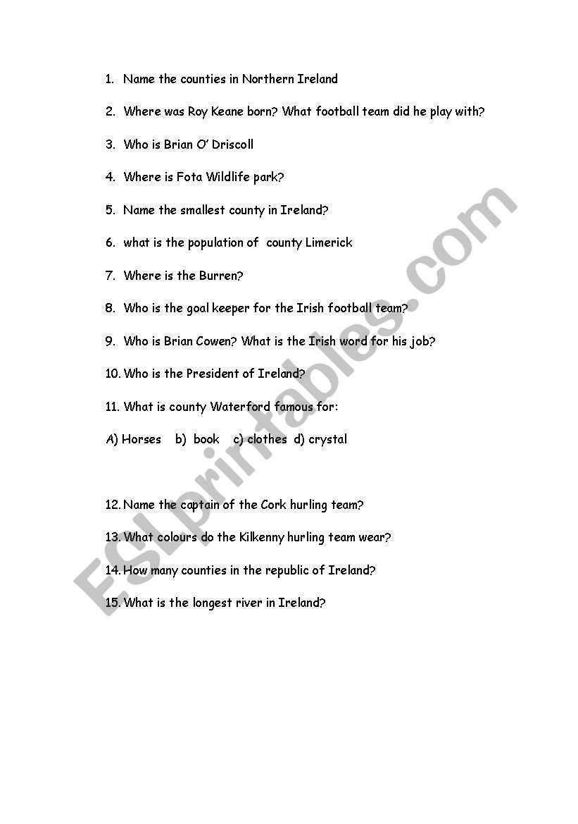 Quiz on Ireland worksheet