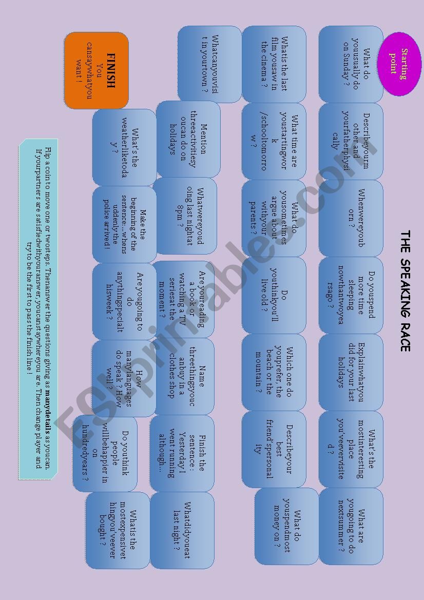 Board game for speaking worksheet