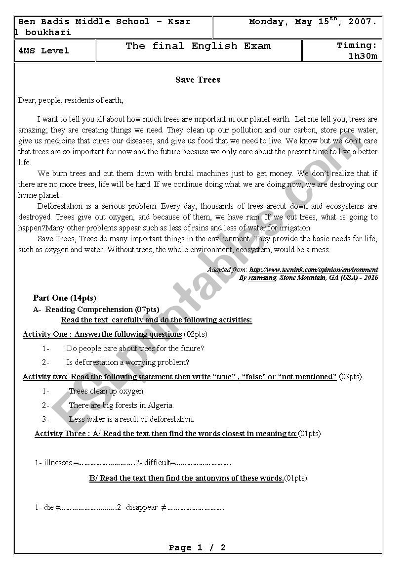 Dforestation - 4MS exam worksheet