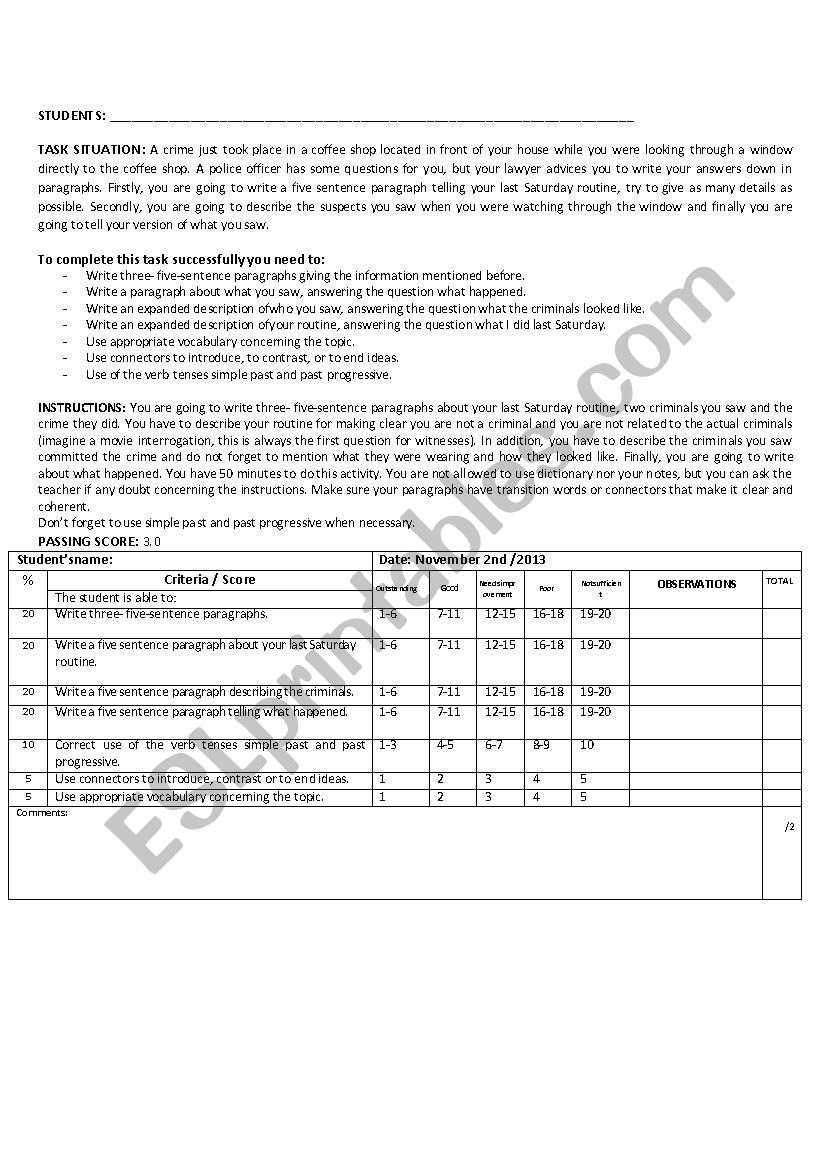 A crime situation with rubric worksheet