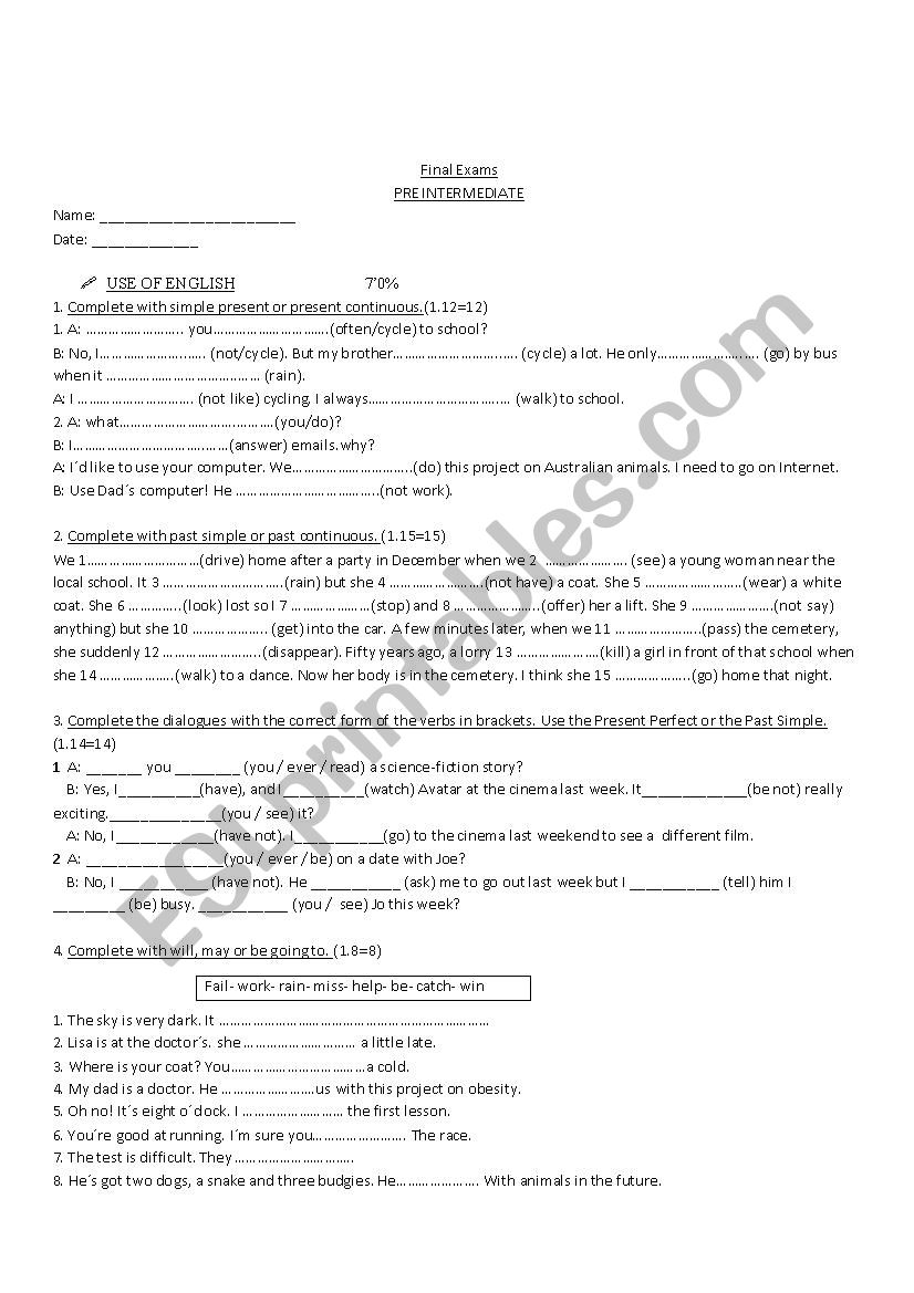 Final Exam pre intermediate worksheet