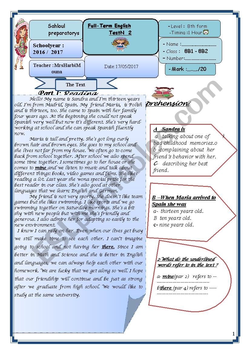 8th form full term test 2 worksheet