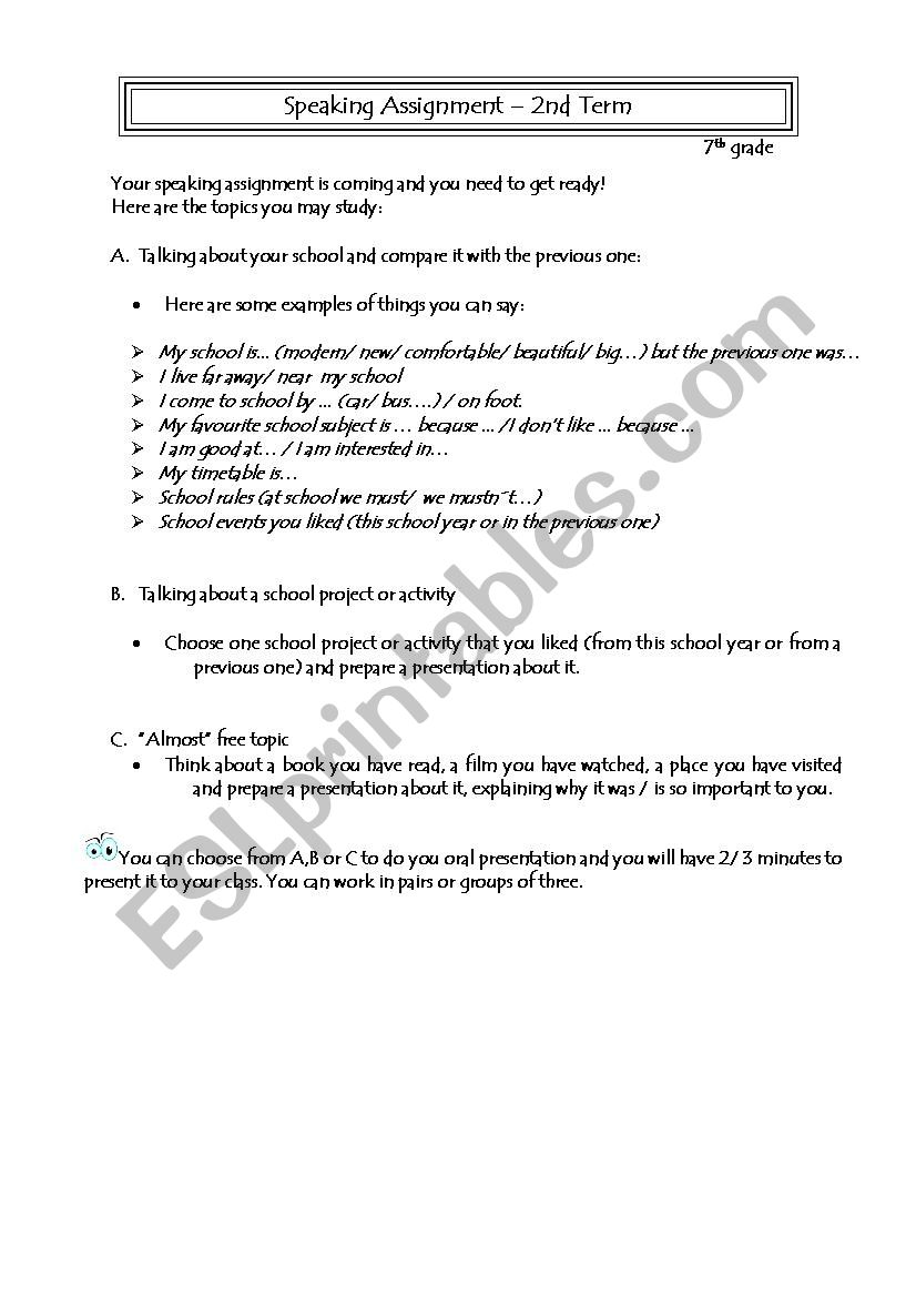 Speaking 7th grade 2nd term worksheet