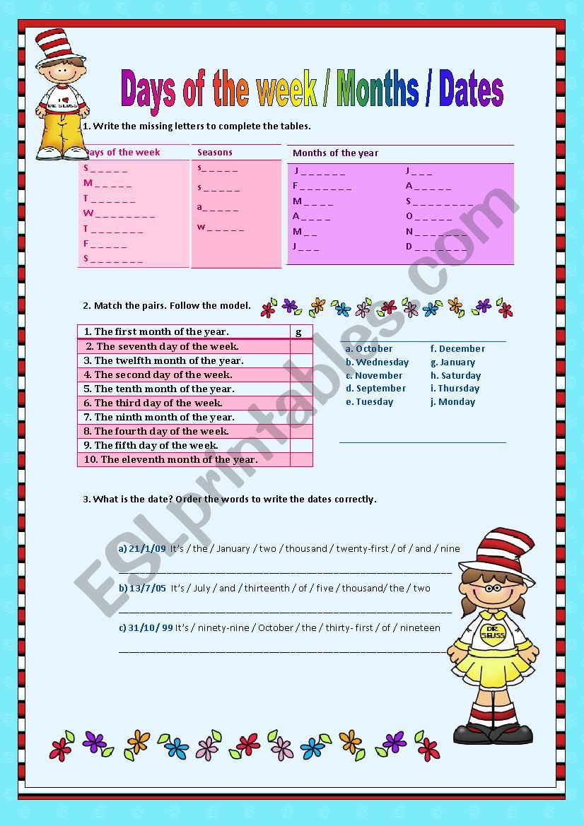 Day, Months, Dates worksheet