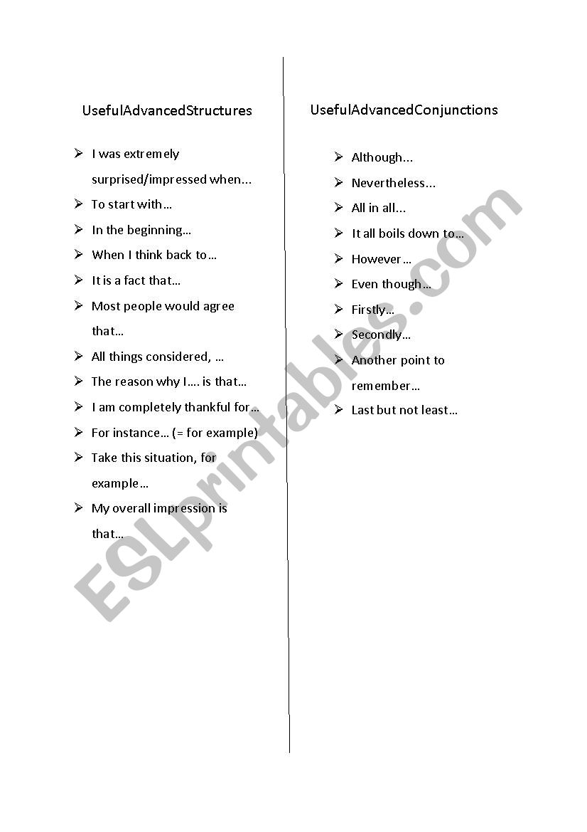 Useful Structures for Advanced Writings