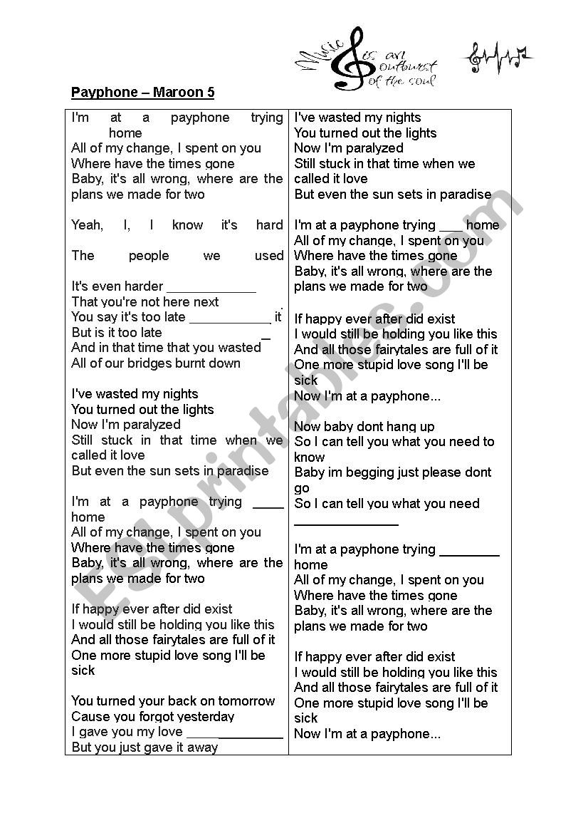 Payphone- Maroon 5 worksheet