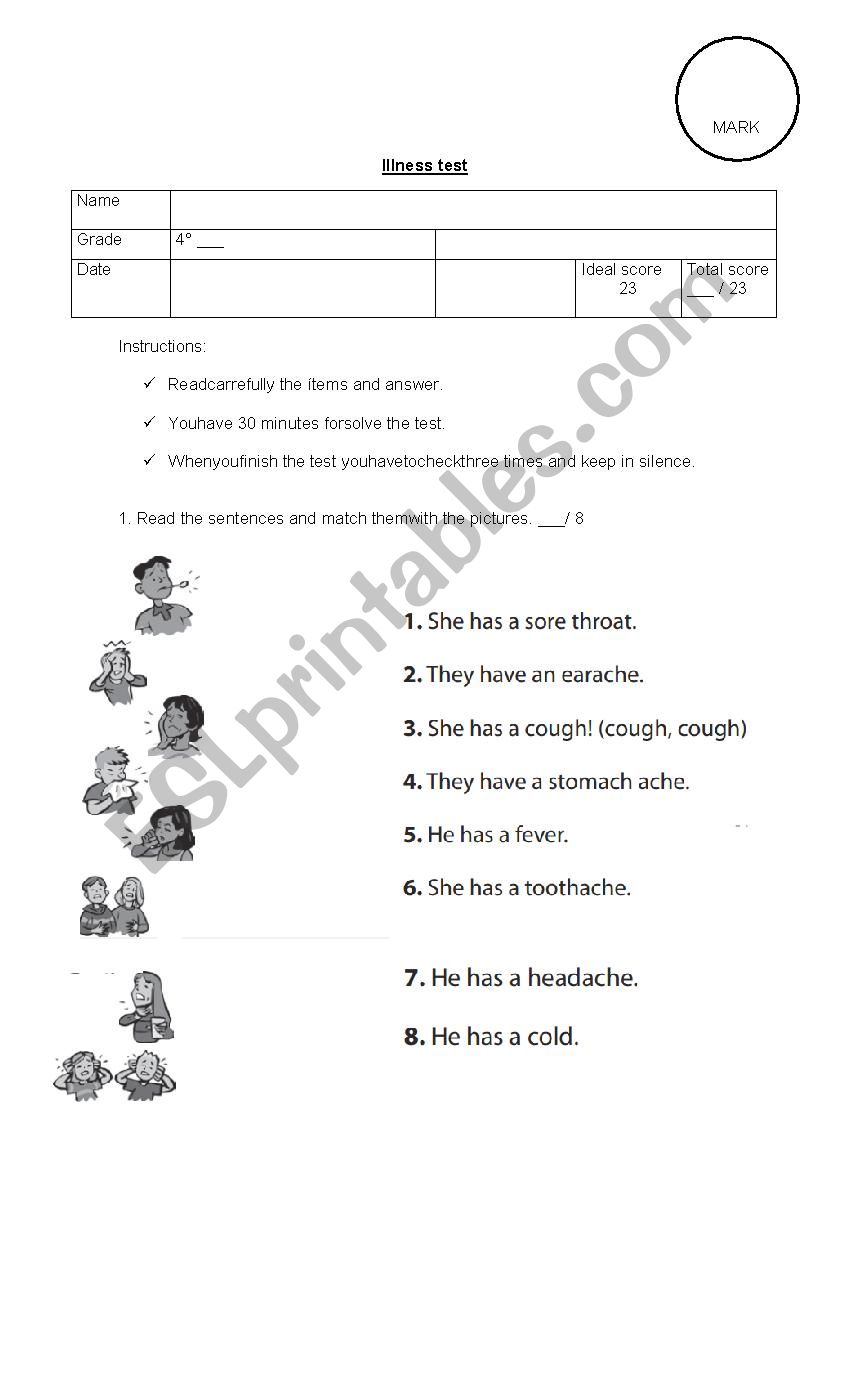 test about illness worksheet