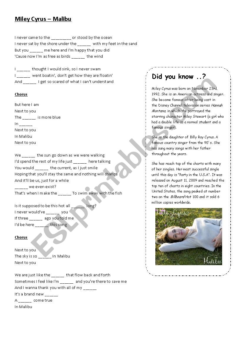 Miley Cyrus  Malibu  worksheet