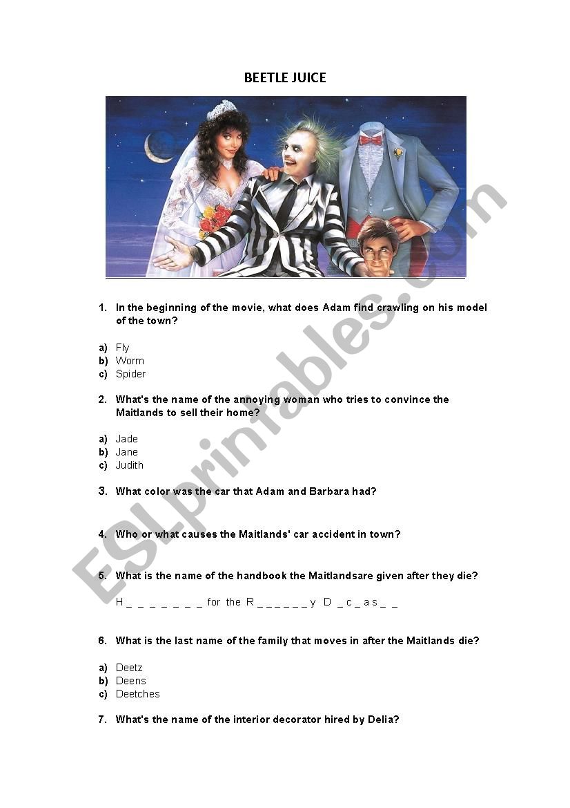 Beetlejuice Movie Worksheet worksheet