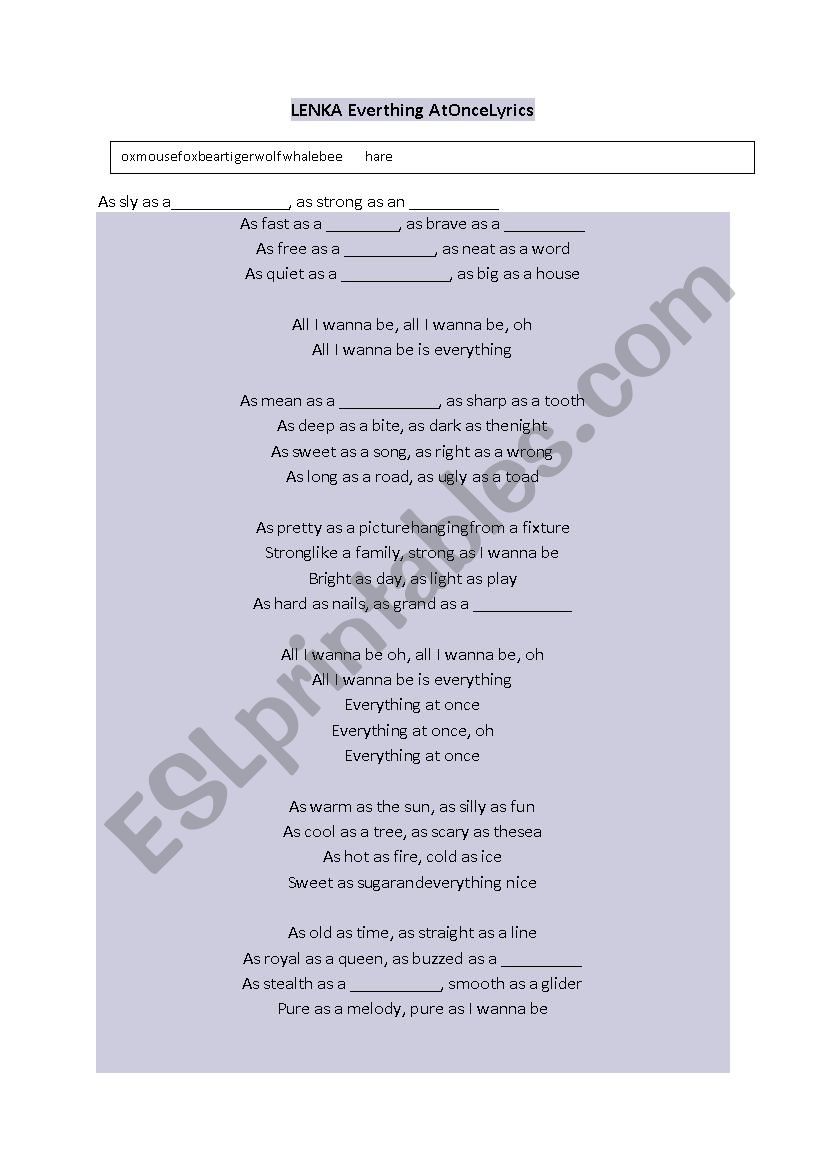 LENKA Everything At Once Song Worksheet 