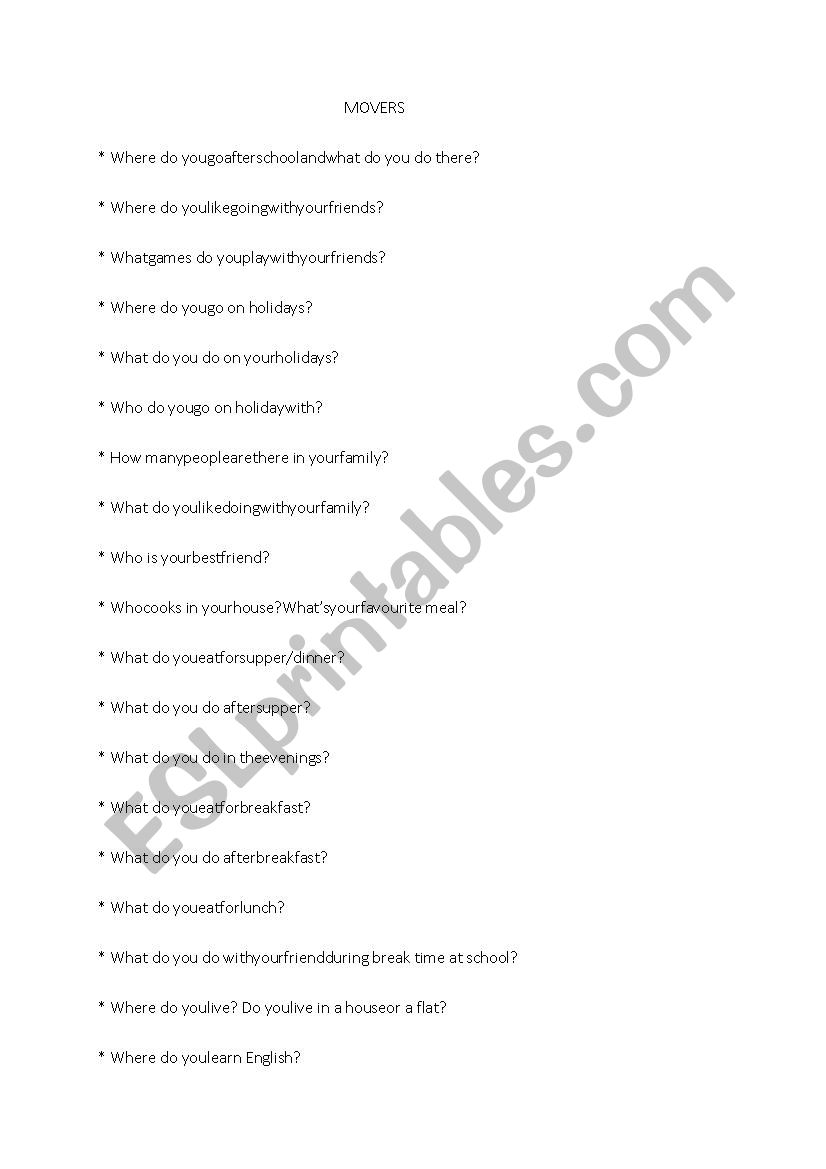 Cambridge Movers Exam Speaking Worksheet