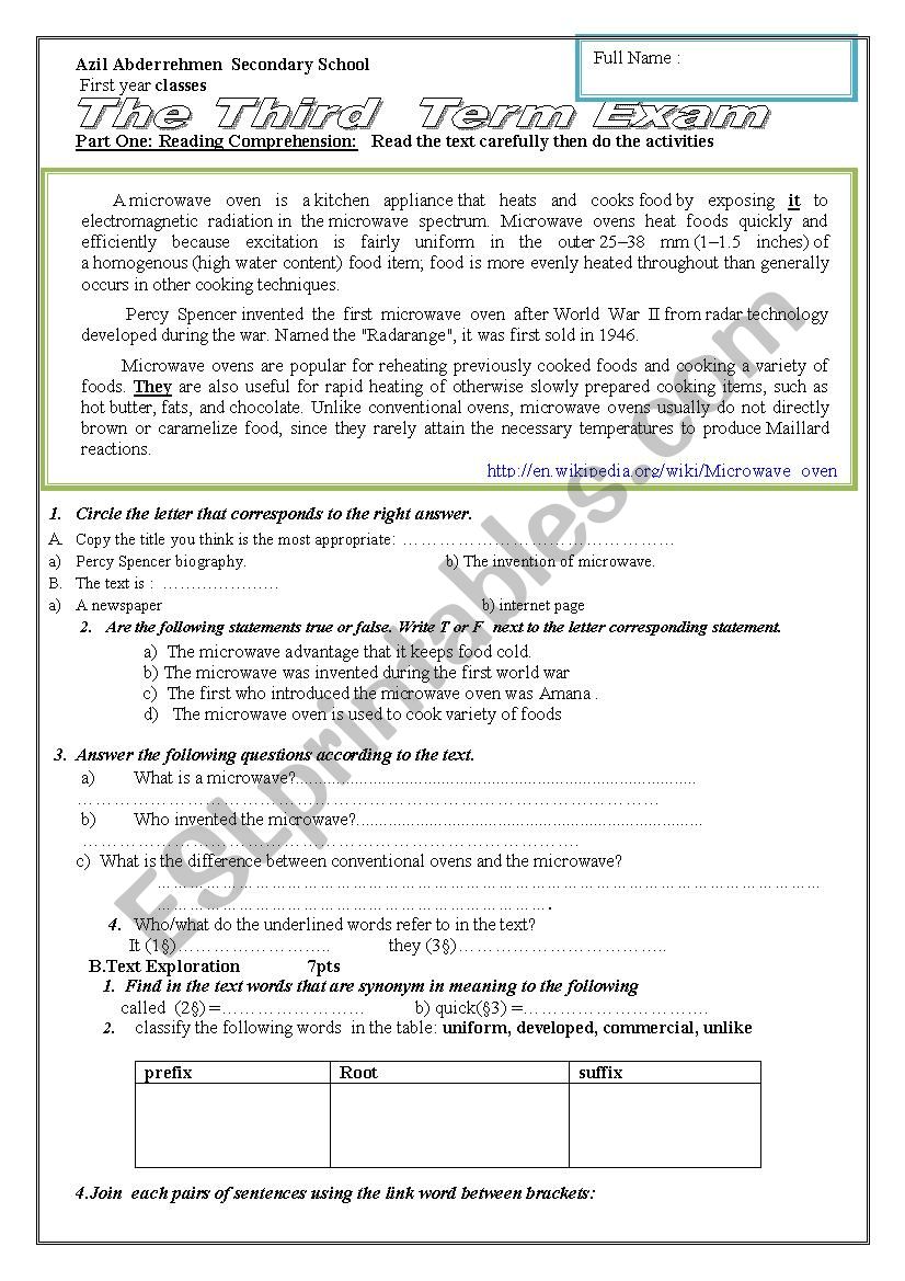 exam about microwave oven worksheet