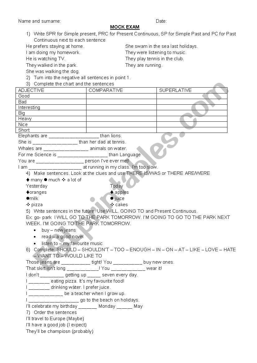 mock exam for 7th grade worksheet