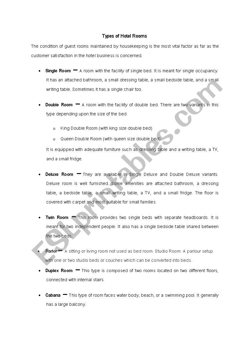 type of room worksheet