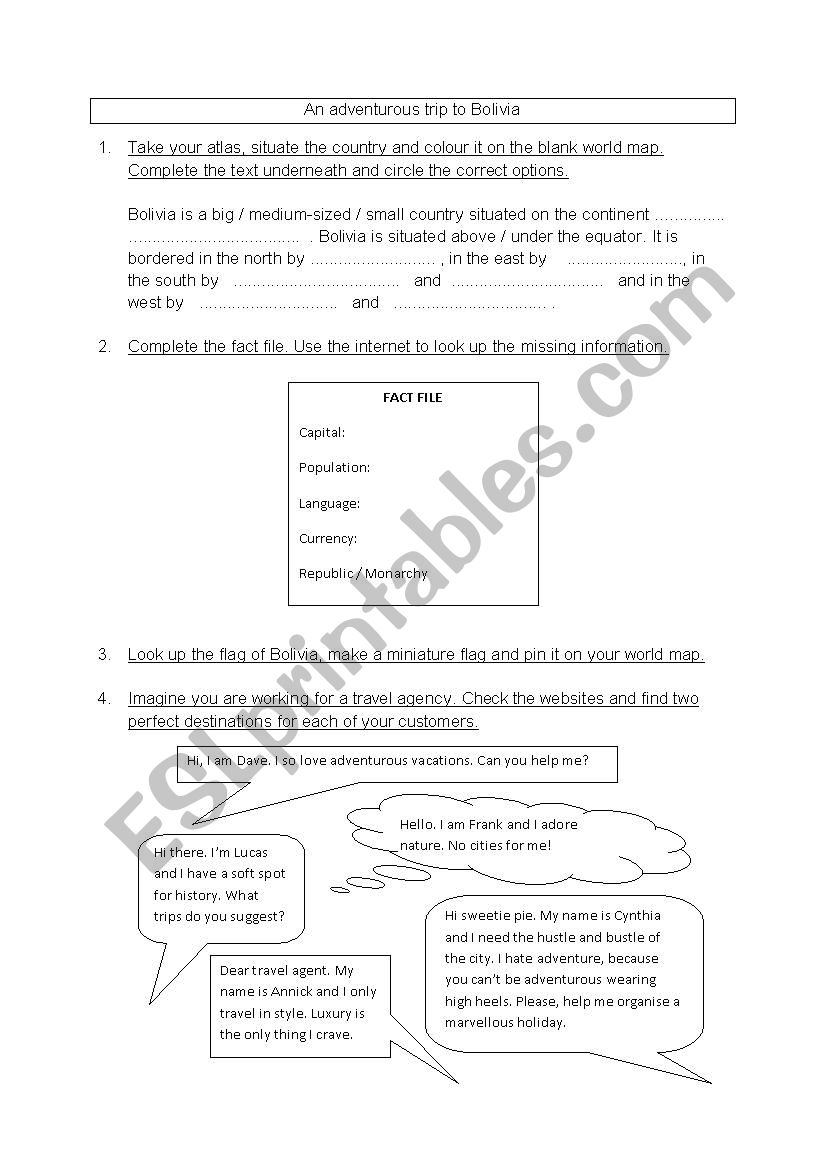 A trip to Bolivia worksheet