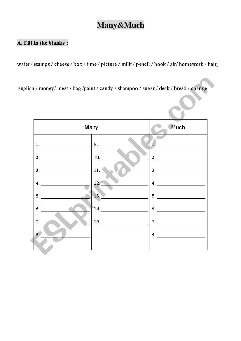 many or much worksheet