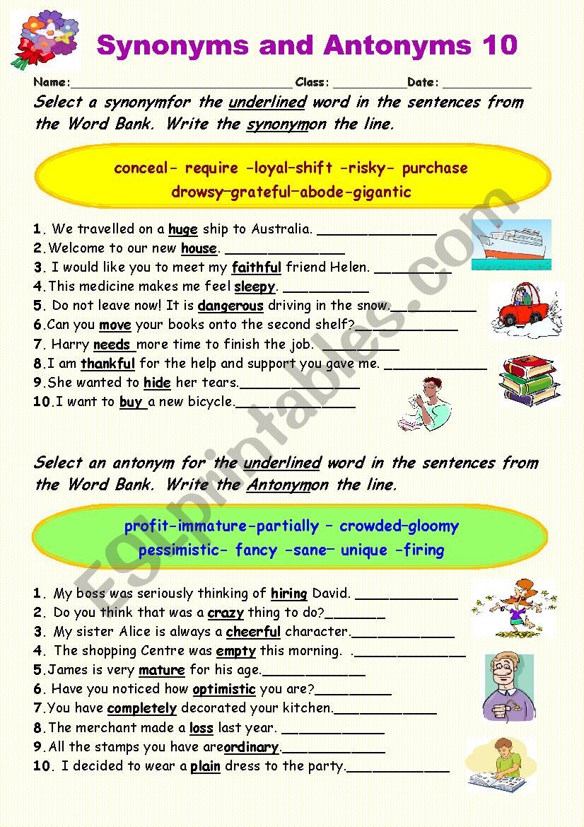 Synonyms vs Antonyms  10 worksheet