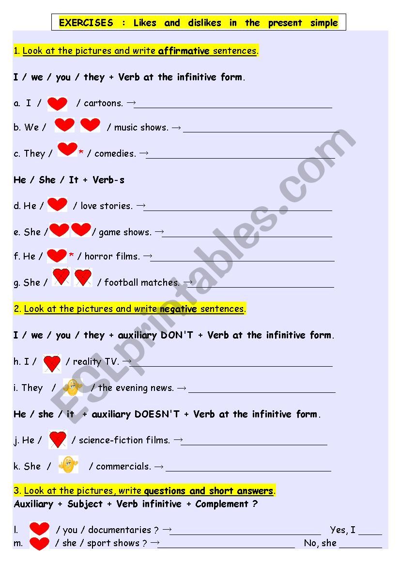 Likes and Dislikes Exercises worksheet