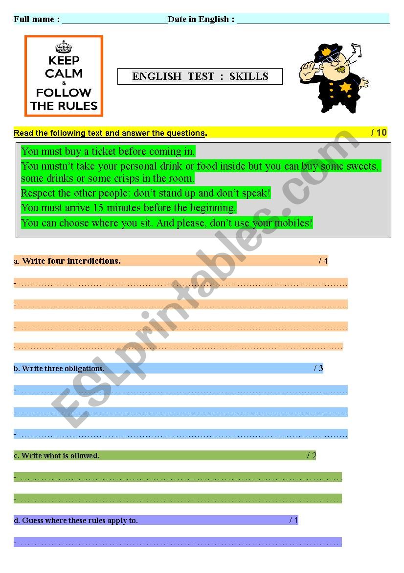 Rules Text and Test worksheet