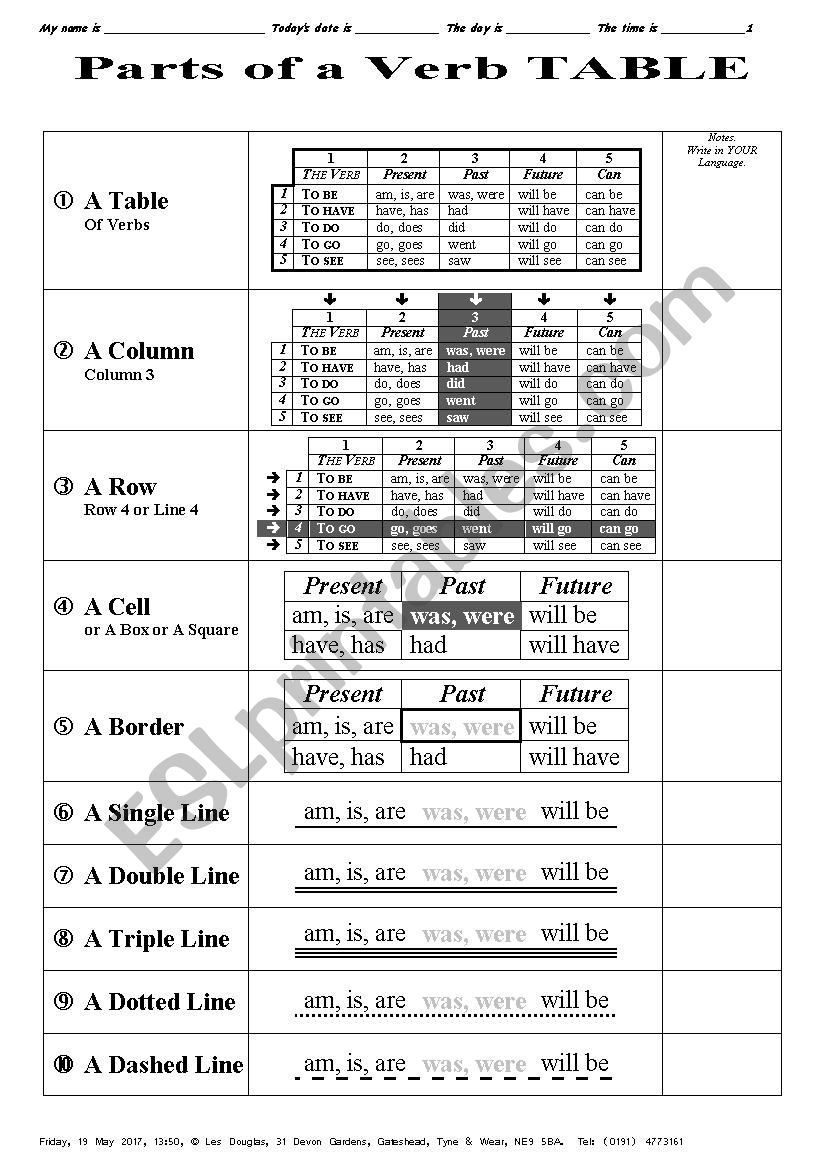 VOCABULARY 002 Table, Column, Row, down to Dashed line 