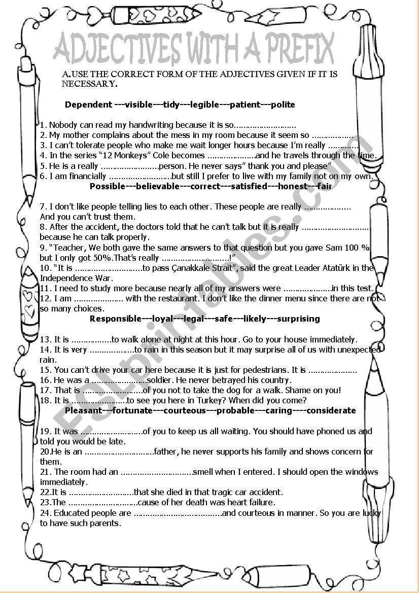 prefixes and adjectives worksheet