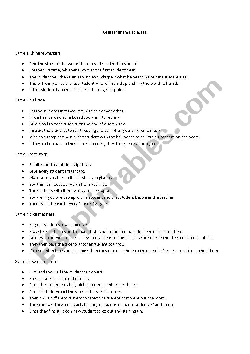 activities for small classes worksheet